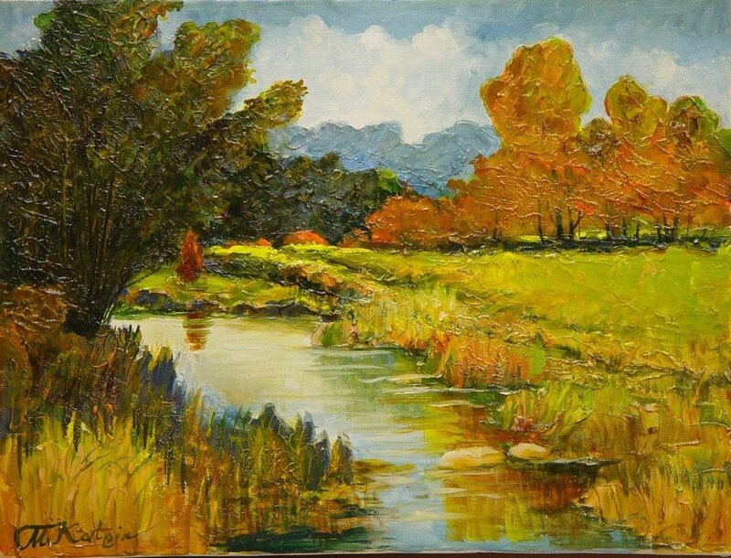 Autumn river landscape painting