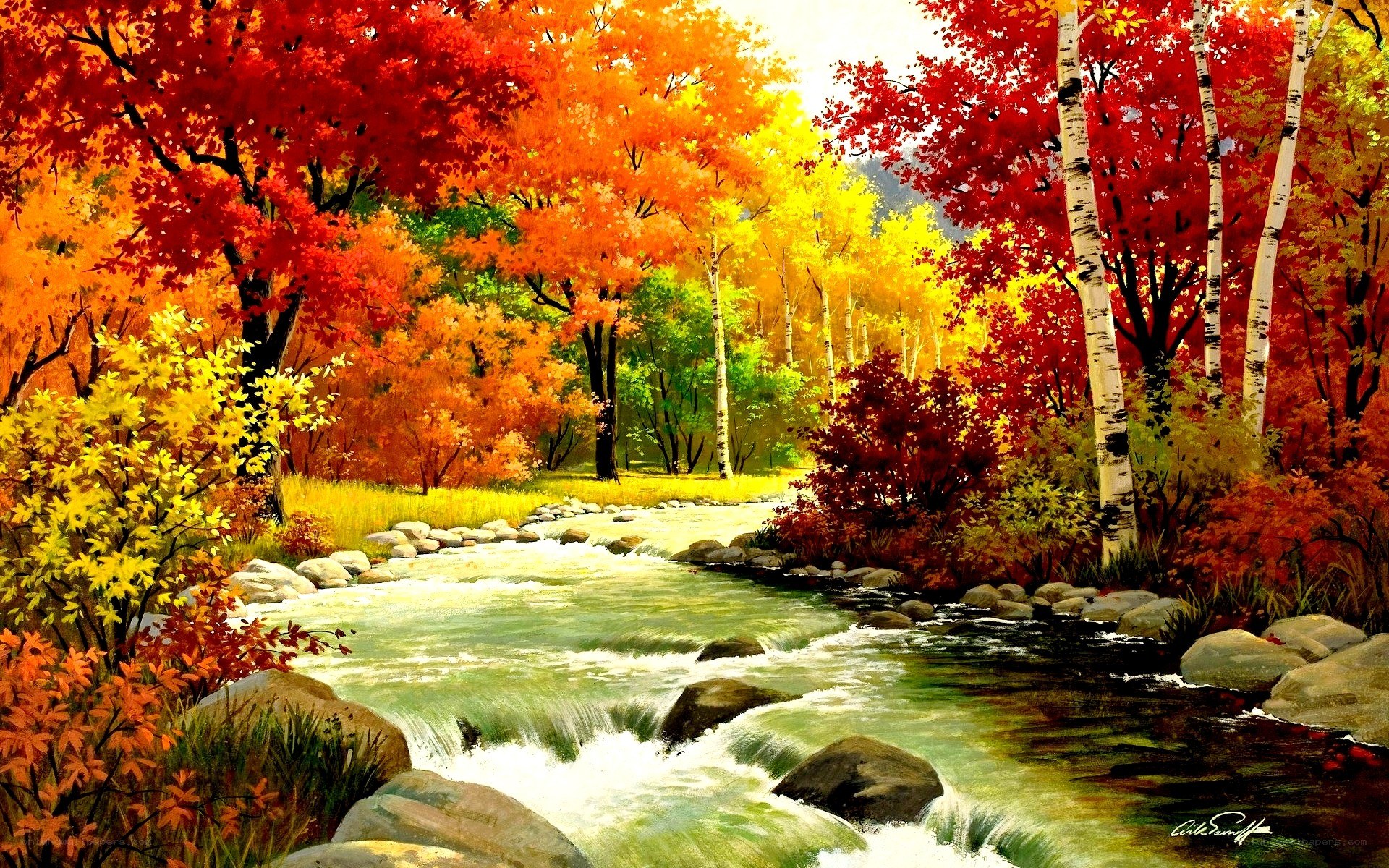 Autumn river landscape painting