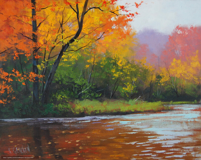 Autumn river landscape painting