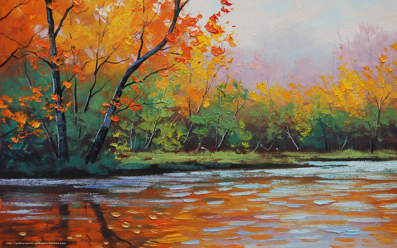 Autumn river landscape painting
