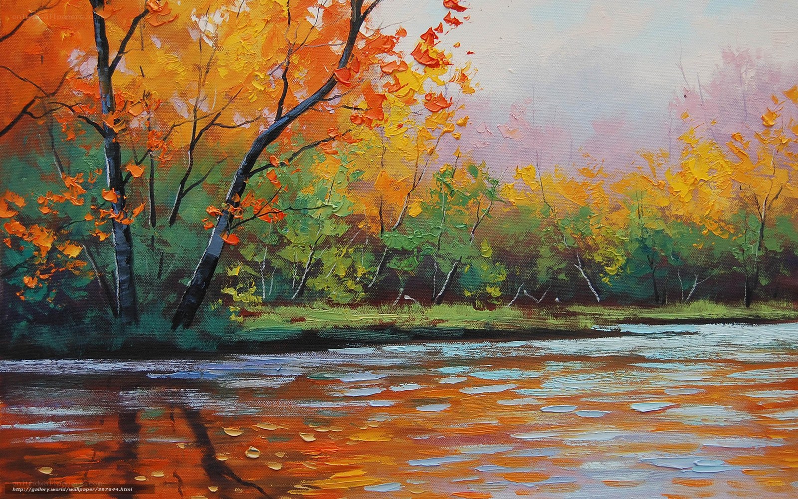 Autumn river landscape painting