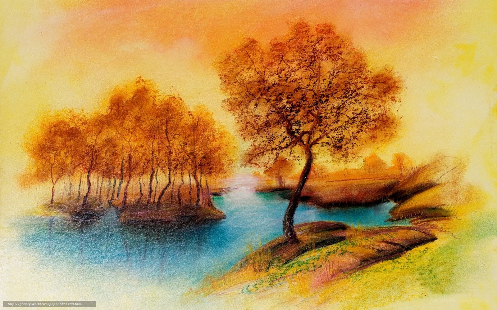 Autumn river landscape painting