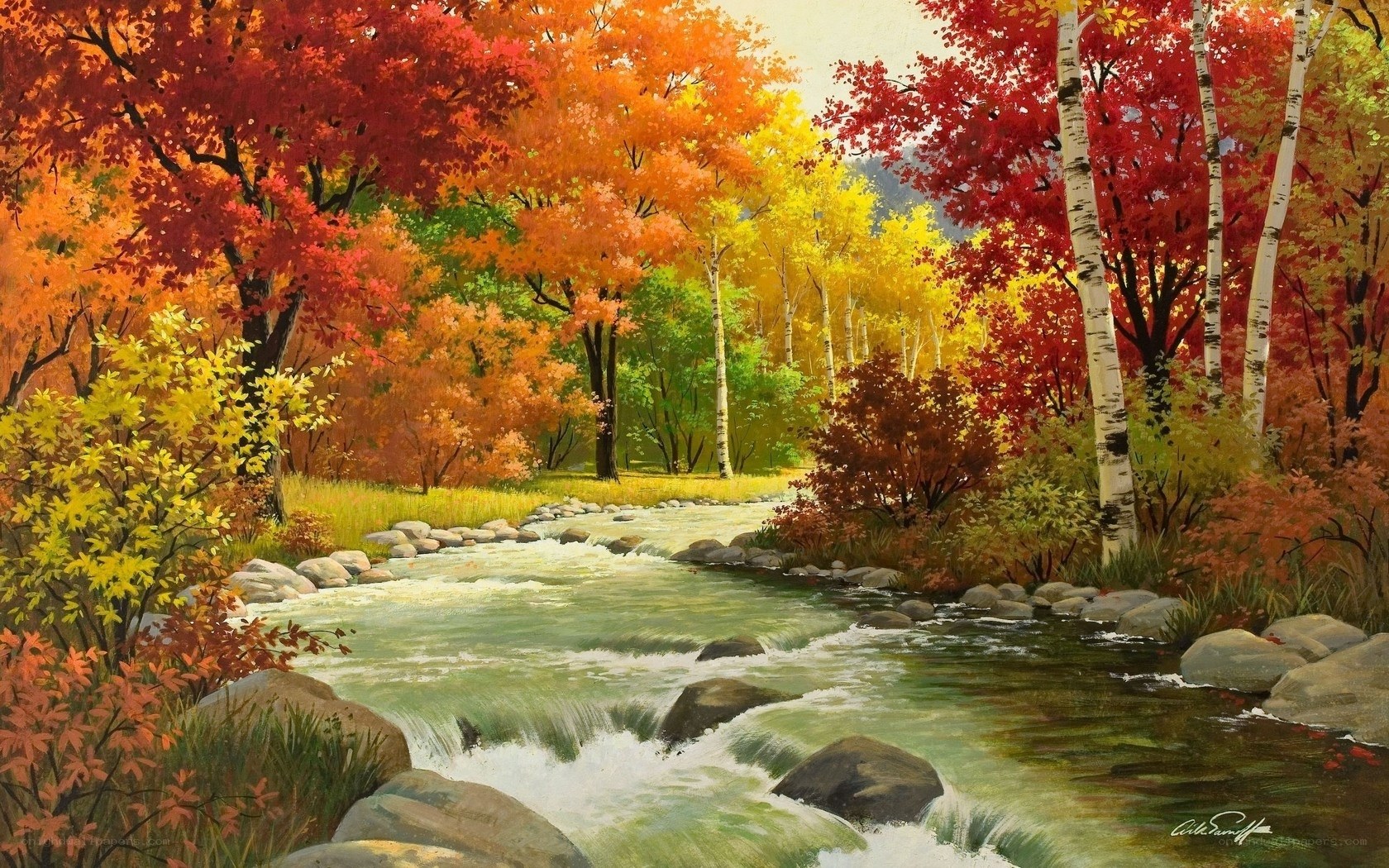 Autumn river landscape painting