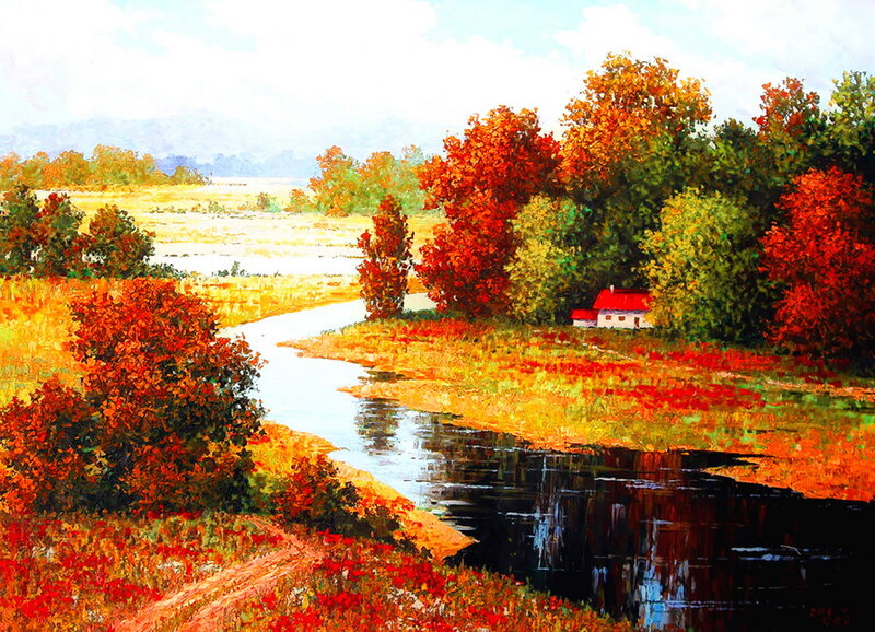 Autumn River Landscape — Red, Serene, Painting
