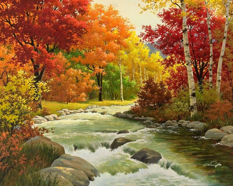 Autumn River Landscape — Red, Serene, Painting, Trees