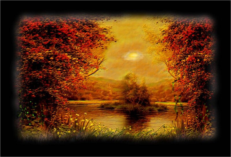 Autumn River Landscape — Red, Serene, Sunset