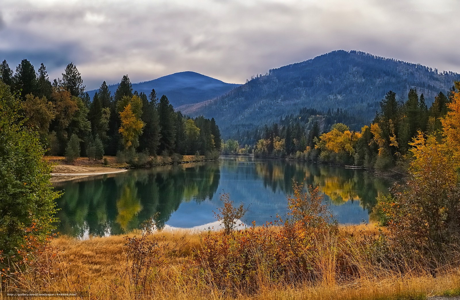 Autumn river landscape with mountains