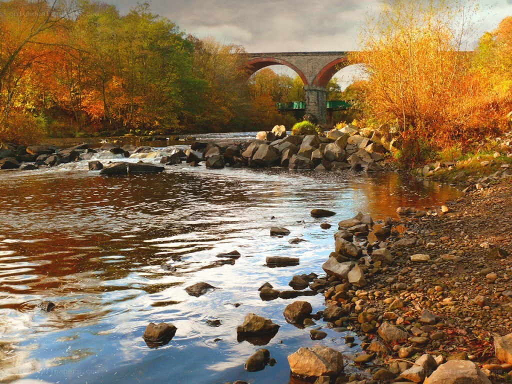 Autumn river with stone bridge