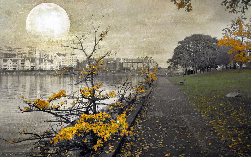Autumn riverside path with full moon
