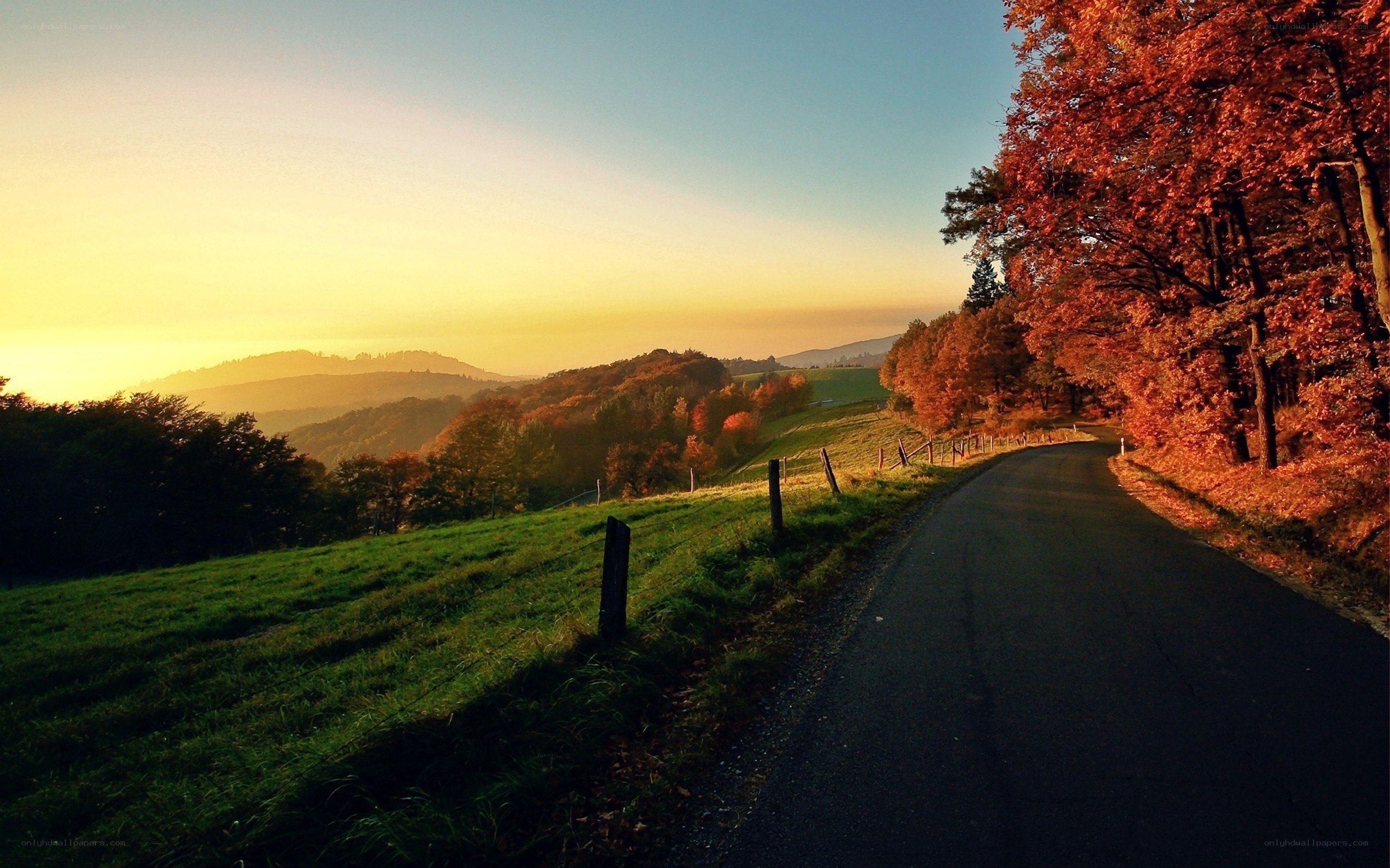 Autumn road at sunset