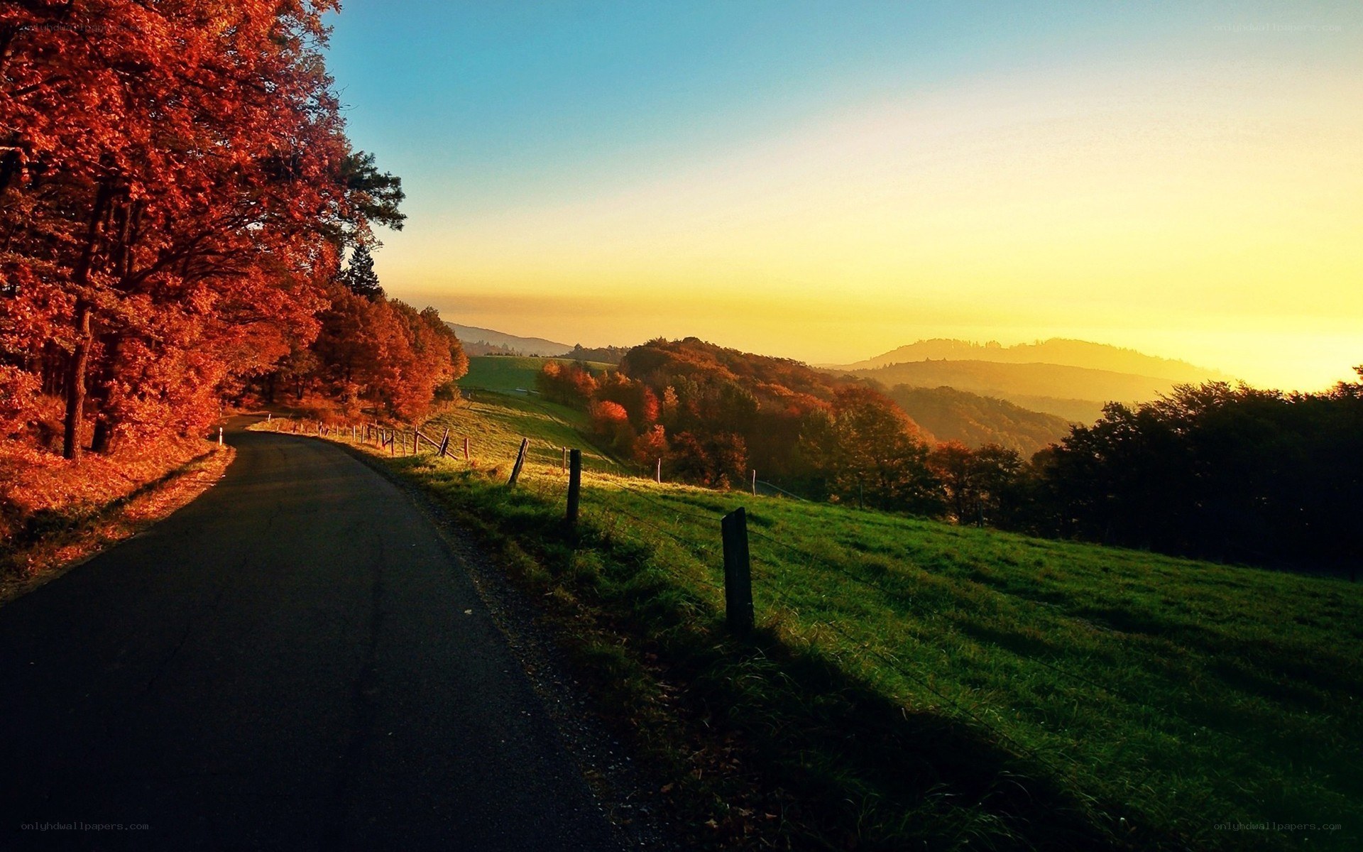 Autumn road at sunset
