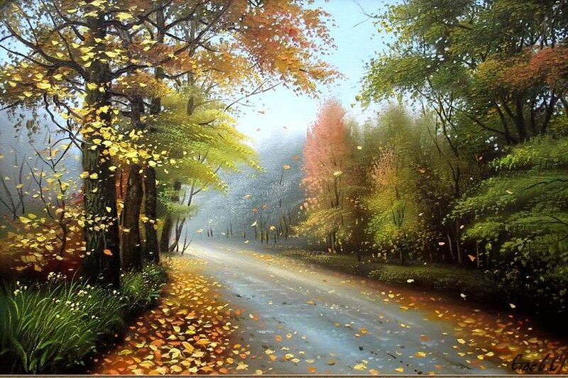 Autumn Road in Forest — Yellow, Serene, Painting, Trees, Leaves