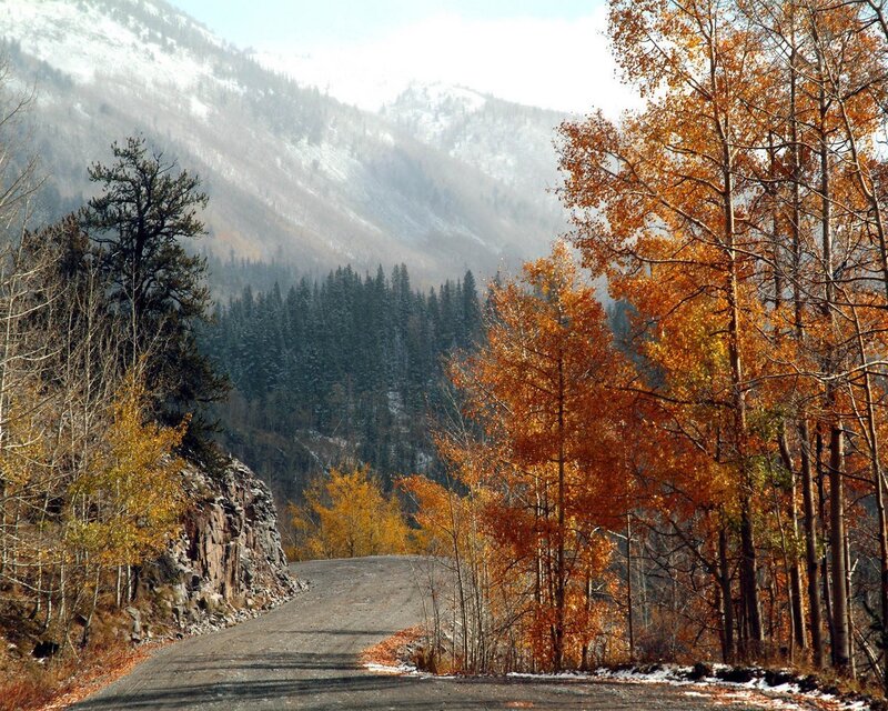 Autumn road in snowy mountains