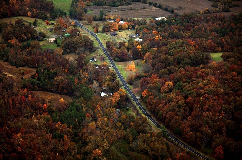 Autumn road through forested hills