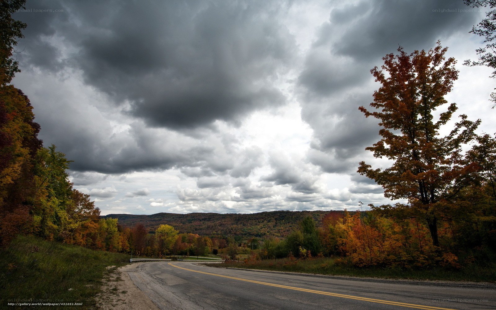 Autumn road under stormy sky