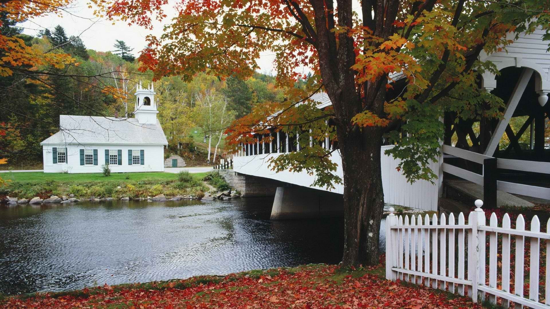 Autumn scene with covered bridge