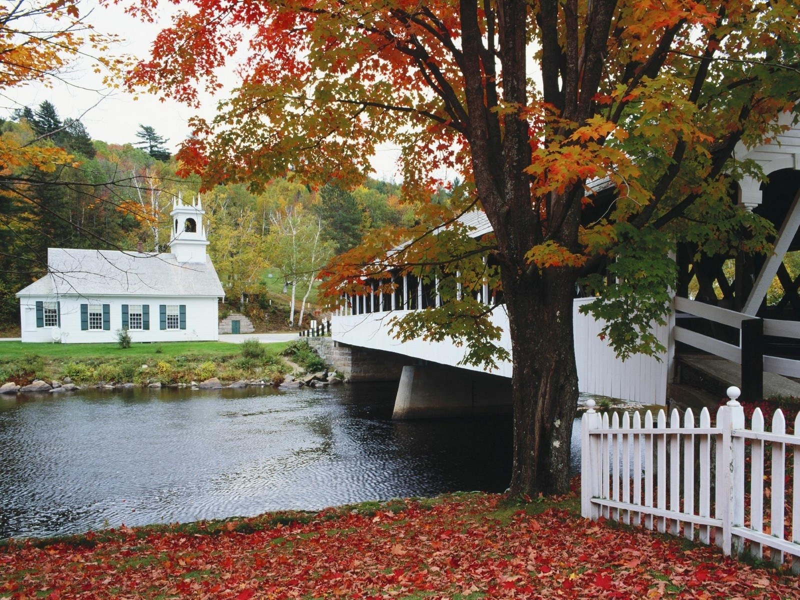 Autumn scene with covered bridge