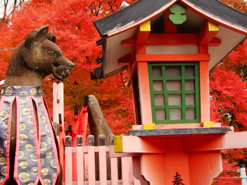 Autumn shrine with stone guardian