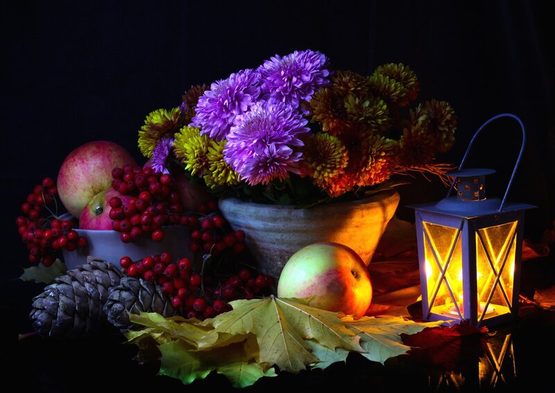 Autumn Still Life Arrangement — Purple, Dramatic