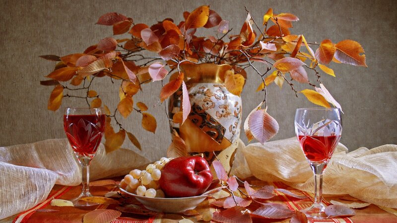 Autumn Still Life — Brown, Calm, Photograph, Wine Glasses