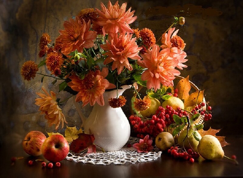 Autumn still life with flowers and fruit