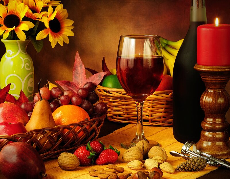 Autumn still life with wine and fruit
