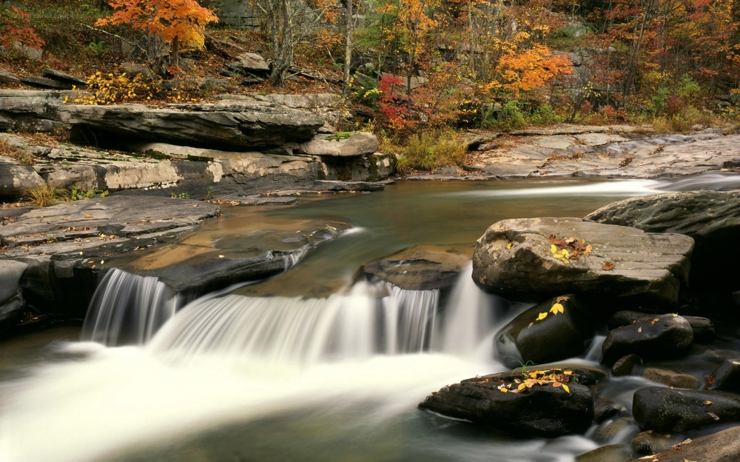 Autumn stream with small waterfall