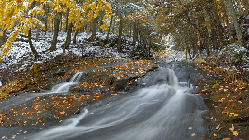Autumn stream with snow