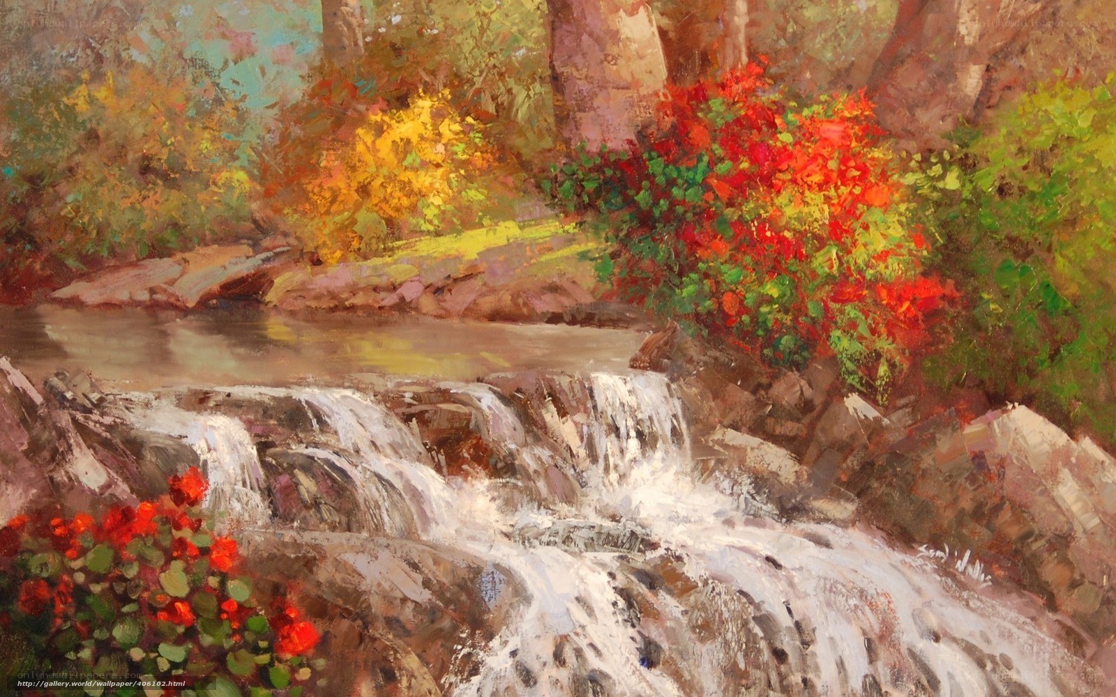 Autumn Stream with Waterfall