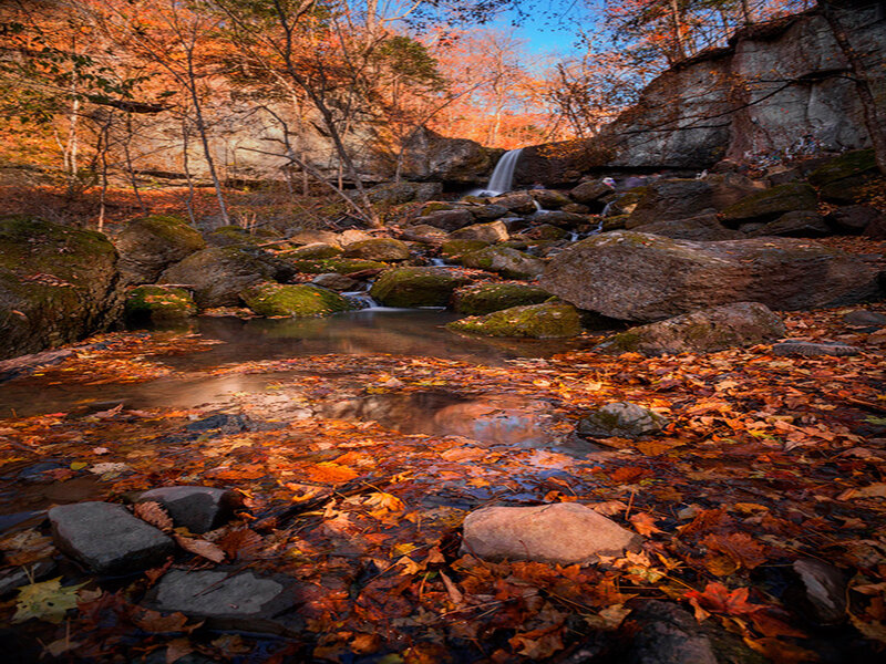 Autumn Stream with Waterfall — Orange, Serene