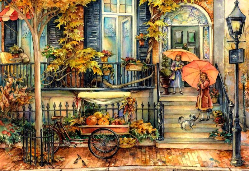 Autumn street scene with children
