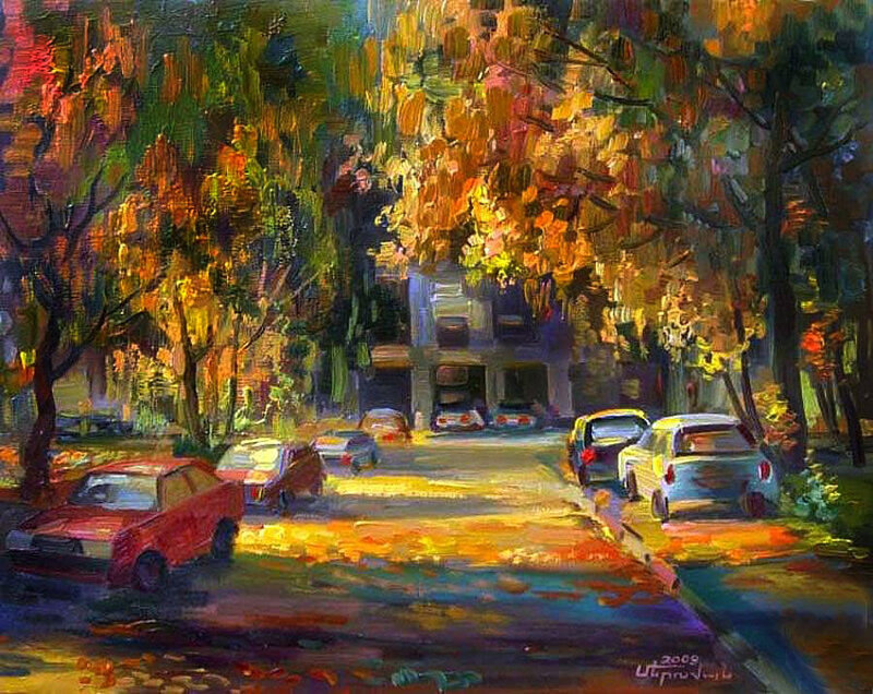 Autumn Street with Parked Cars