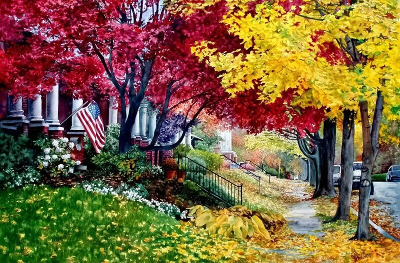 Autumn Street with Trees — Red