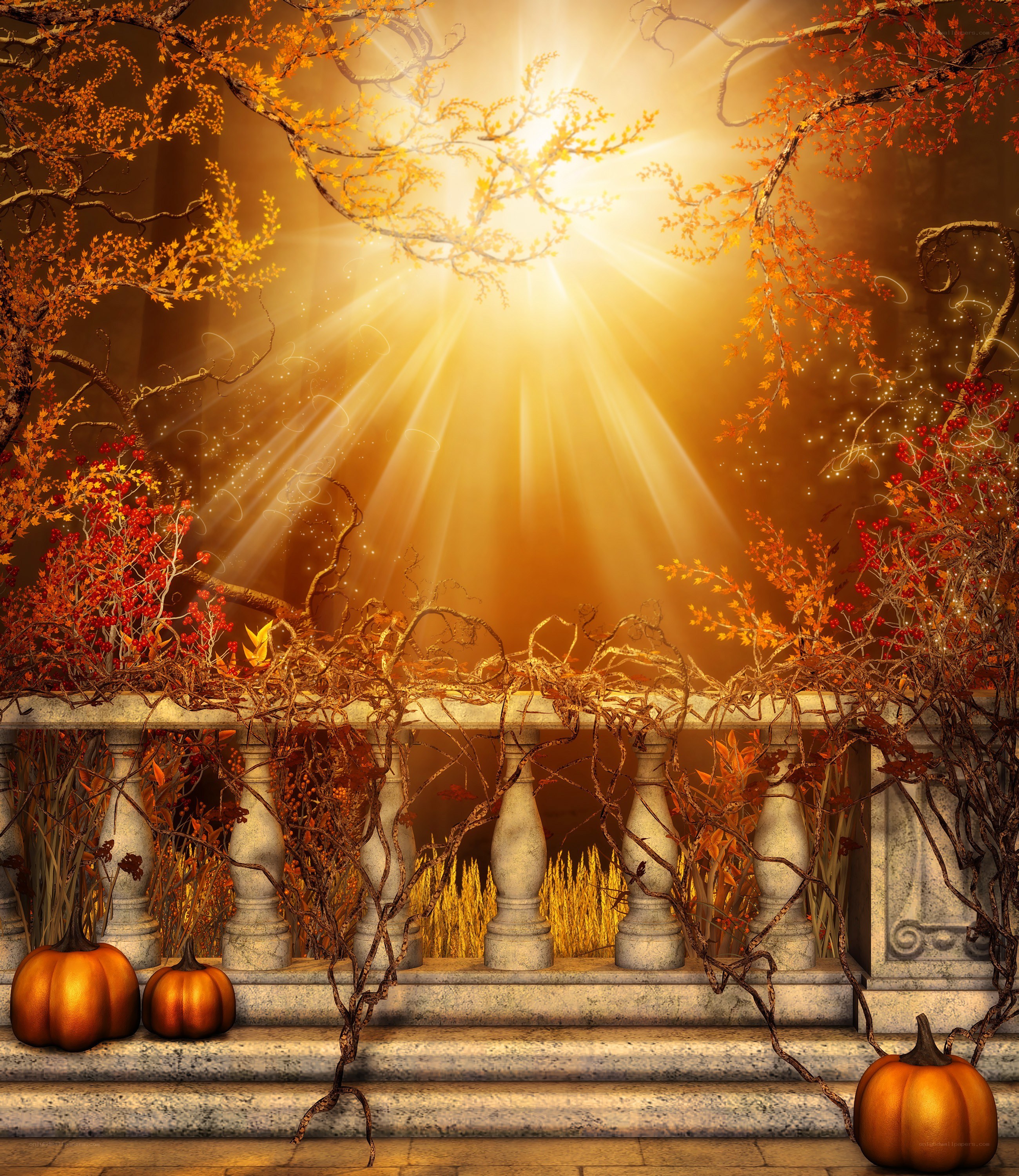 Autumn sunlit balcony scene