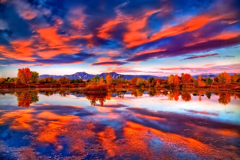 Autumn Sunset over Lake — Orange, Dramatic