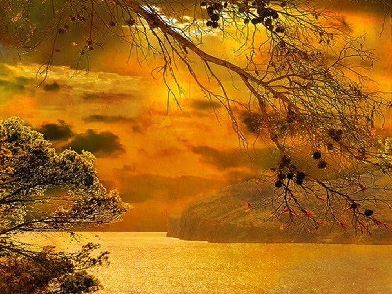 Autumn Sunset over Lake — Orange, Serene