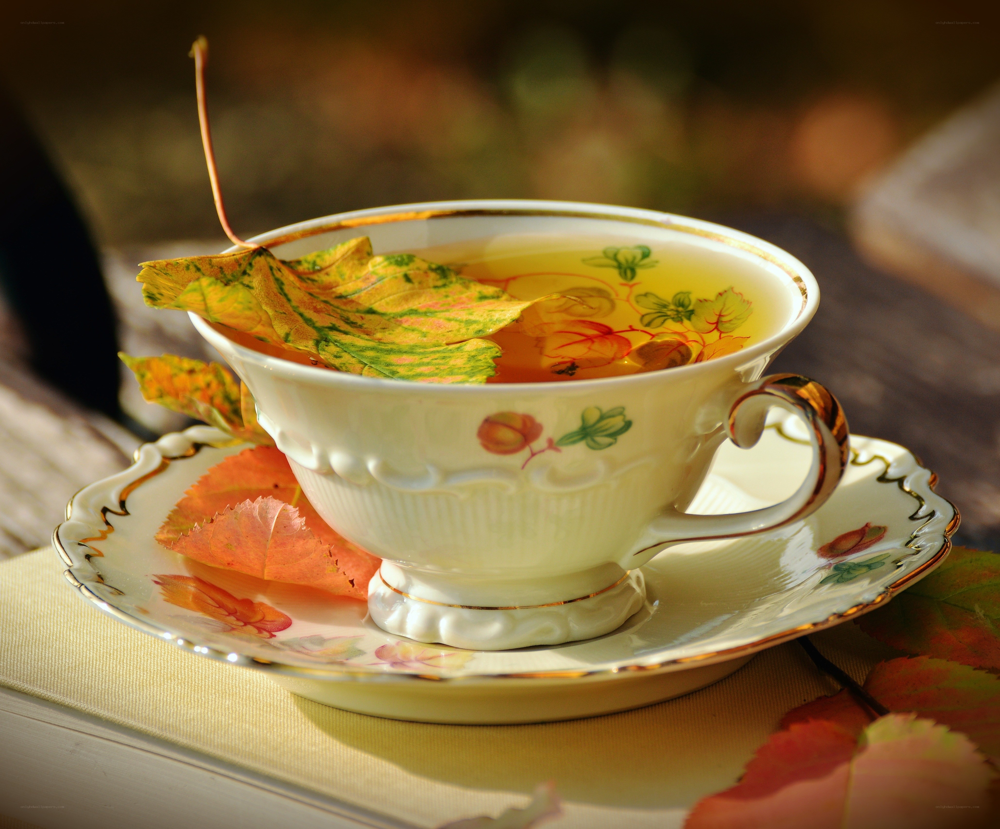 Autumn tea with leaves