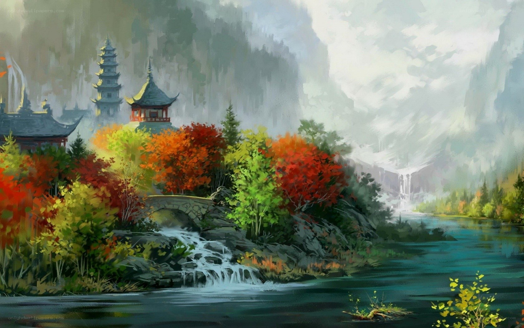 Autumn temple by the river
