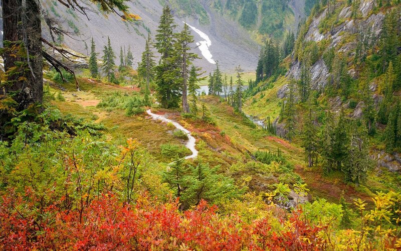 Autumn trail in mountain valley