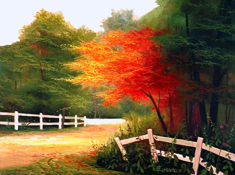 Autumn Tree by Fence — Red