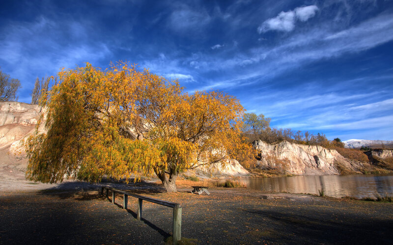 Autumn Tree by Lake — Blue, Serene, Photograph, Cliffs