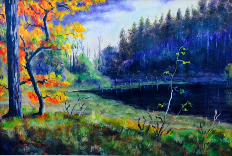 Autumn Tree by Lake — Green, Serene, Painting