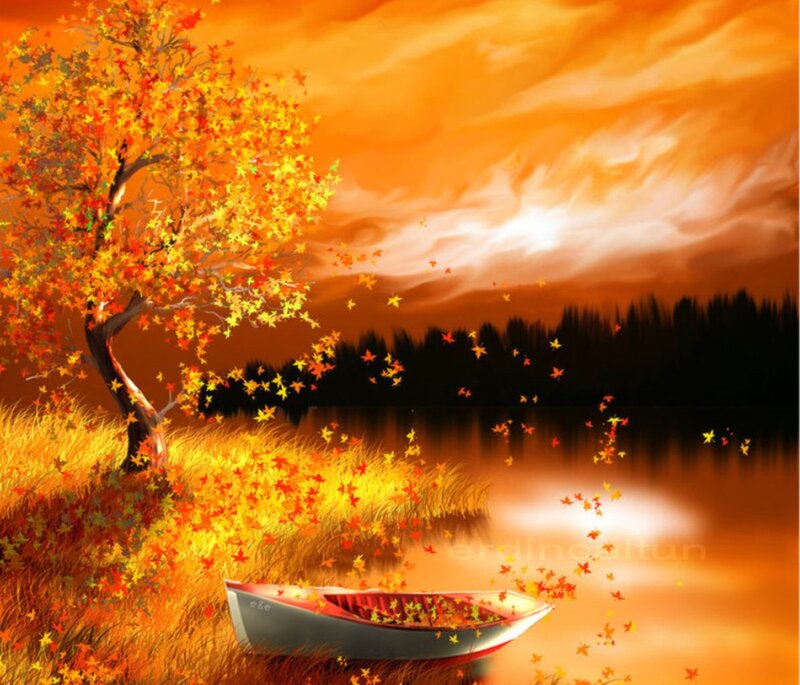 Autumn Tree by Lake — Orange, Serene, Digital Art, Boat, Leaves