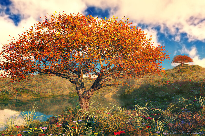 Autumn Tree by Lake — Orange, Serene, Digital Art, Hills