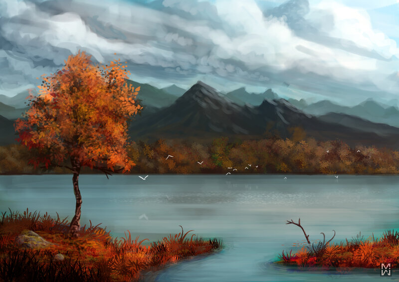 Autumn Tree by Lake — Orange, Serene, Digital Art, Mountains