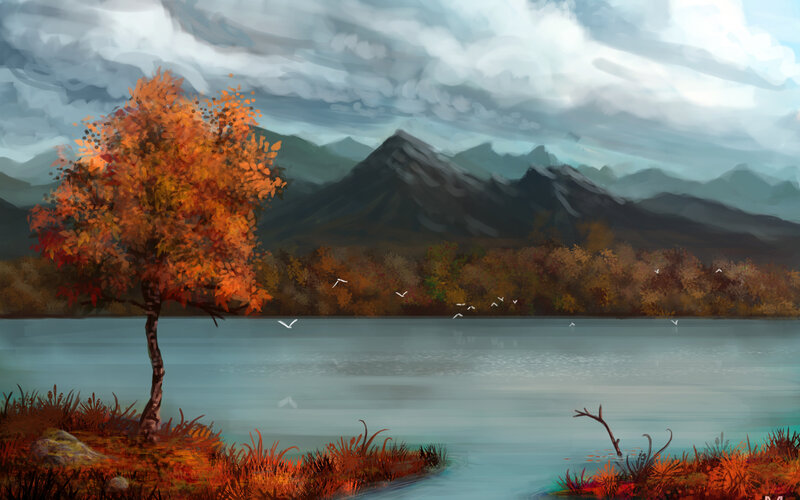Autumn Tree by Lake — Orange, Serene, Digital Art