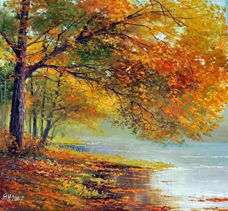 Autumn Tree by Lake — Orange, Serene, Painting