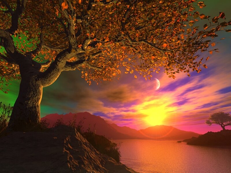 Autumn Tree by Lake — Orange, Serene, Sunset, Digital Art, Mountains
