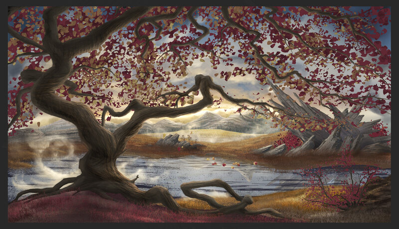 Autumn Tree by Lake — Red, Serene, Digital Art