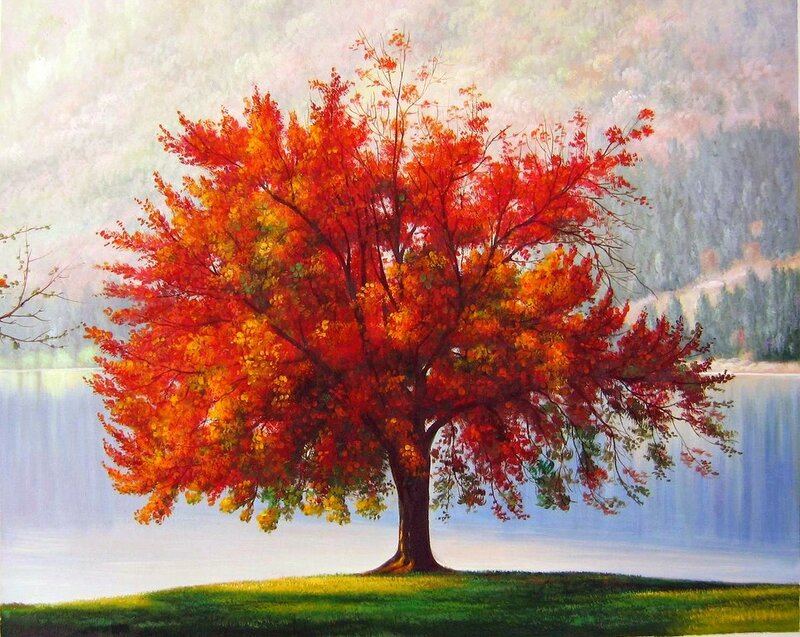 Autumn Tree by Lake — Red, Serene, Painting